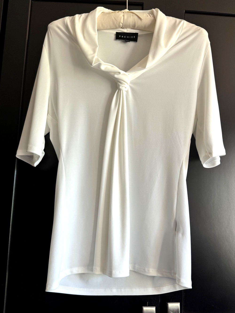 Premise White Twist Front Knot V-Neck Blouse Top Short Sleeve Large Biz Casual